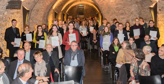 Full house at the Peterhofkeller: Deutschlandstipendium recipients meet with their sponsors at the University once a year. Photo: Uwe Nüssle